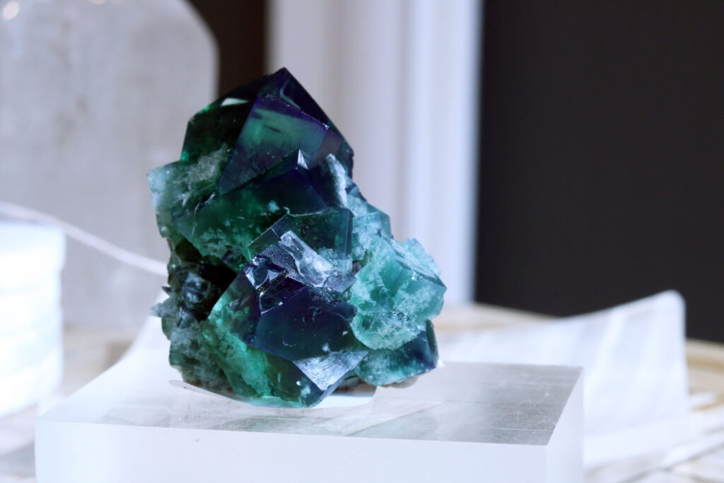 Close up shot of a day-fluorescent fluorite specimen from England. Blue fluorescence is visible.